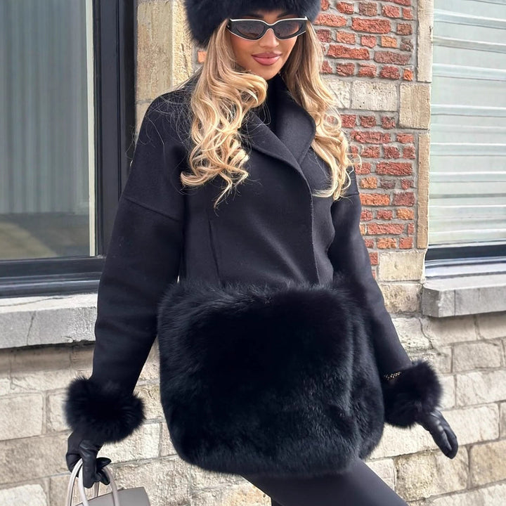 Damen Kurzmantel aus Wollmix mit dekorativen Felltaschen und legerer Boxy-Silhouette Drune