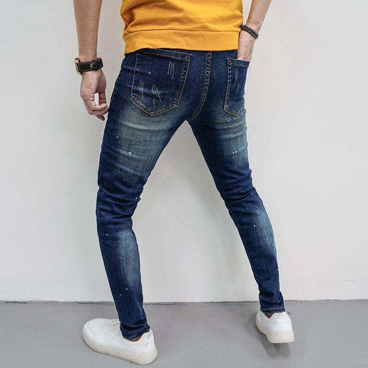 Herren Skinny Fit Jeans mit kreativen Farbklecksen und Rissdesign Drune