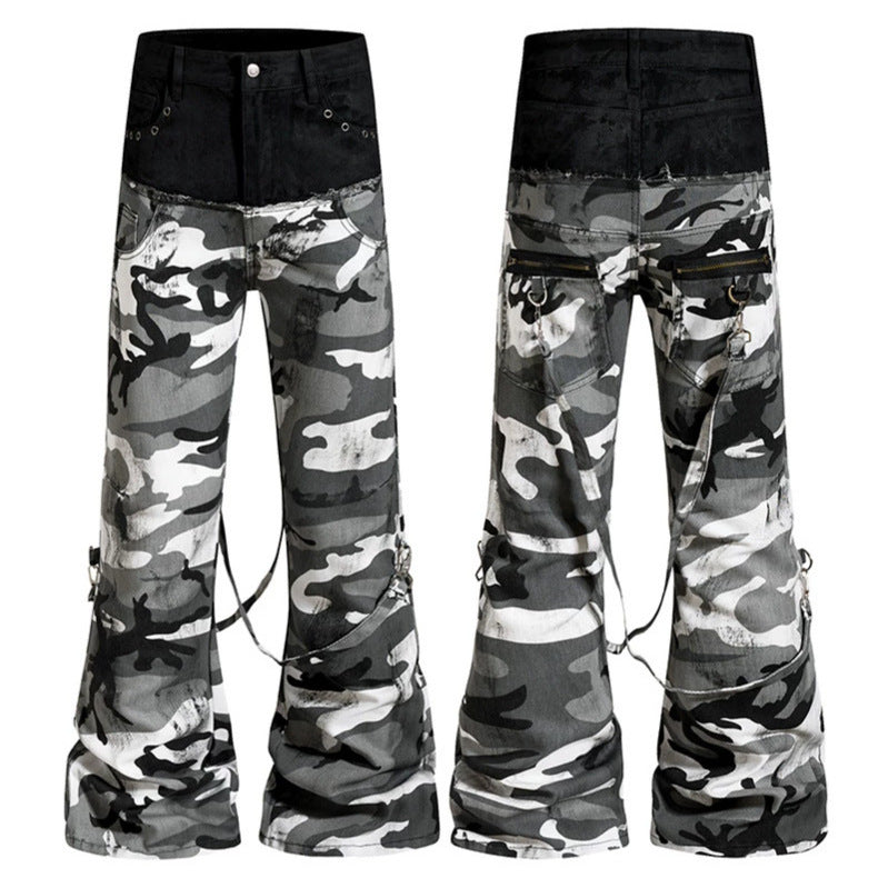 Damen Weite High‑Waist Cargohose im Camouflage‑Look mit Bondage‑Riemen Drune