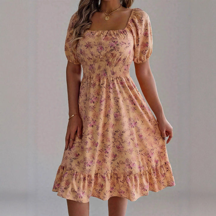 Damen sommerliches Blumenkleid mit Puffärmeln und Rüschensaum Drune