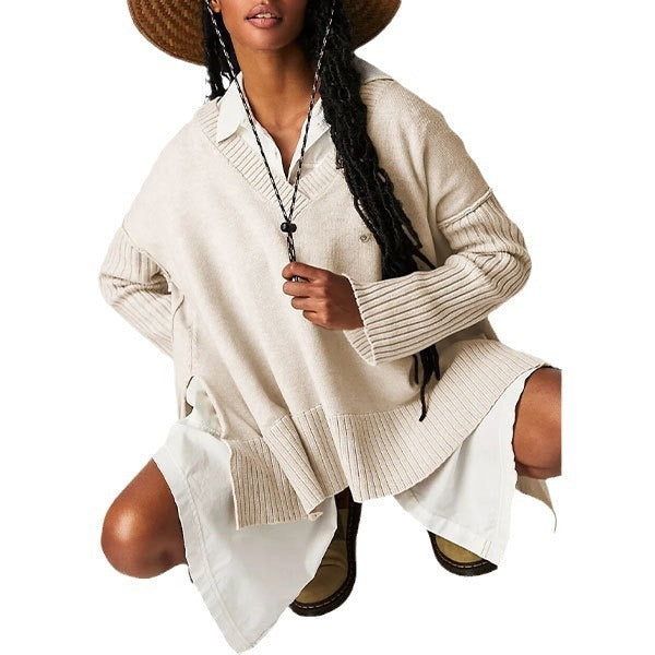 Damen lässiger V-Ausschnitt Pullover mit strukturierten Ärmeln und Oversized-Schnitt Drune