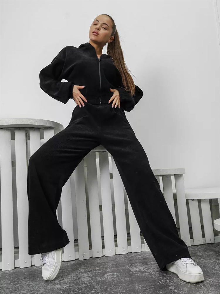 Damen Velours-Loungewear-Set mit kurzem Reißverschluss-Hoodie und weiter hochgeschnittener Palazzohose Drune