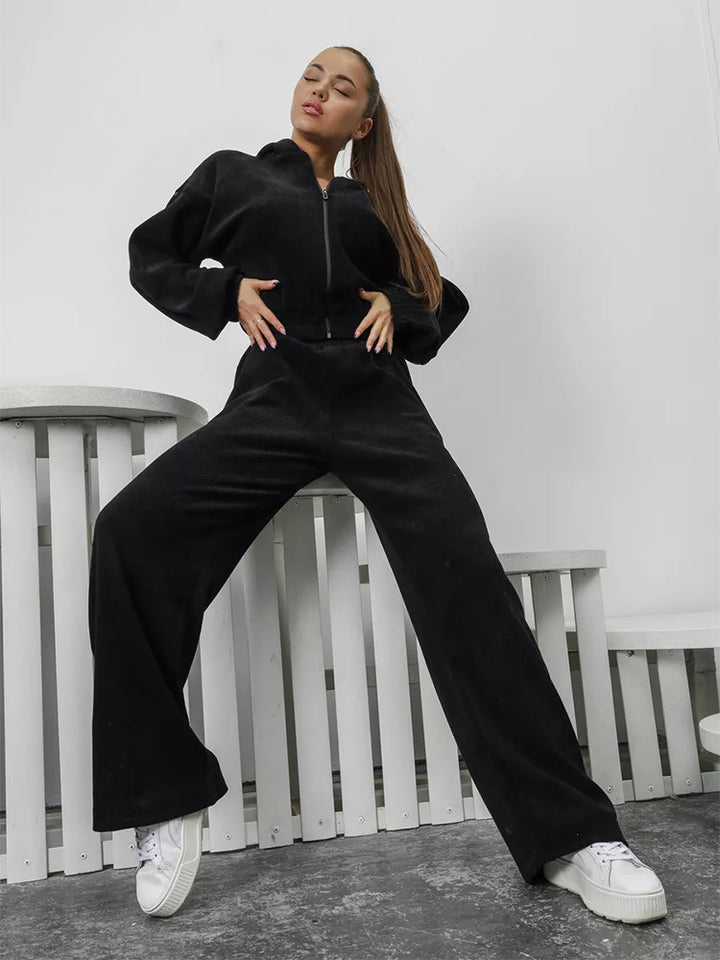 Damen Velours-Loungewear-Set mit kurzem Reißverschluss-Hoodie und weiter hochgeschnittener Palazzohose Drune