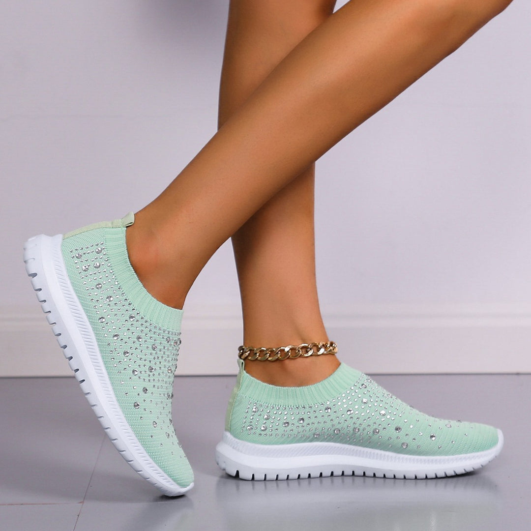 Damen nan gestrickter Slip-On Sneaker mit Strassbesatz, elastischem Schaft und stoßdämpfender EVA-Sohle Drune