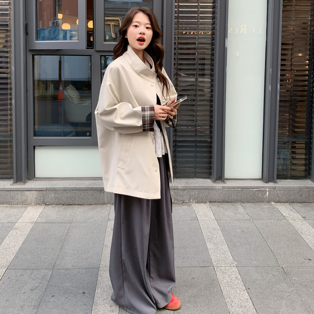 Damen Oversized Kurzmantel mit Stehkragen und kariertem Ärmelfutter Drune