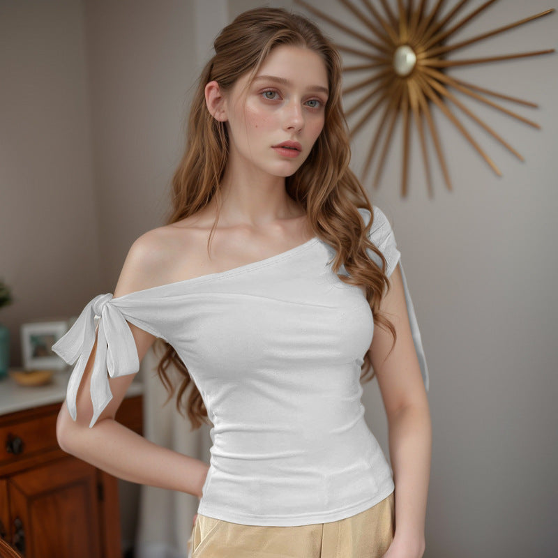 Damen Off-Shoulder Oberteil mit lässiger Schnittführung und dekorativem Knoten Drune