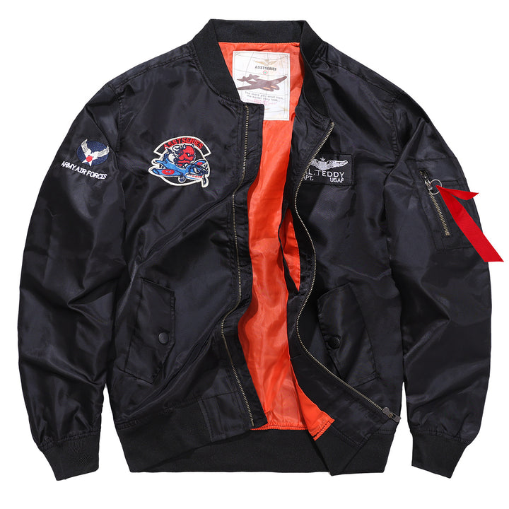 Männlicher  von Flugzeugen inspirierter Bomberjacke mit Kontrastfutter und Reißverschlussärmel mit Utility-Tasche Drune