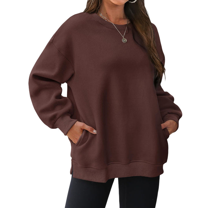 Damen nan verlängertes Oversize Rundhalspullover mit seitlichen Eingrifftaschen, Rippbündchen und überschnittener Schulter Drune