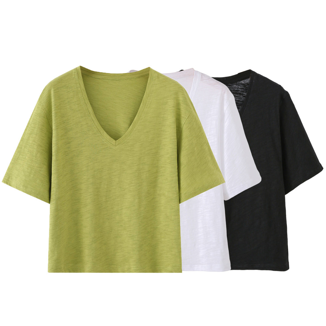 Damen V-Ausschnitt T-Shirt aus hochwertiger Baumwolle mit lässigem Schnitt Drune