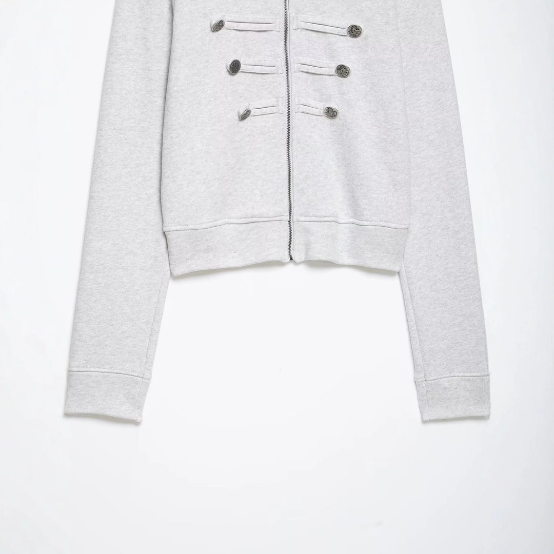 Damen Kurze Sweatjacke im Militärstil mit Stehkragen und dekorativer Knopfleiste Drune