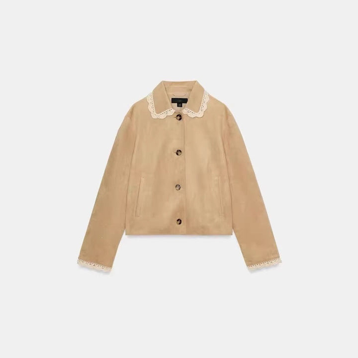 Damen Kurzjacke mit Häkelspitzenkragen und Spitzenmanschetten Drune
