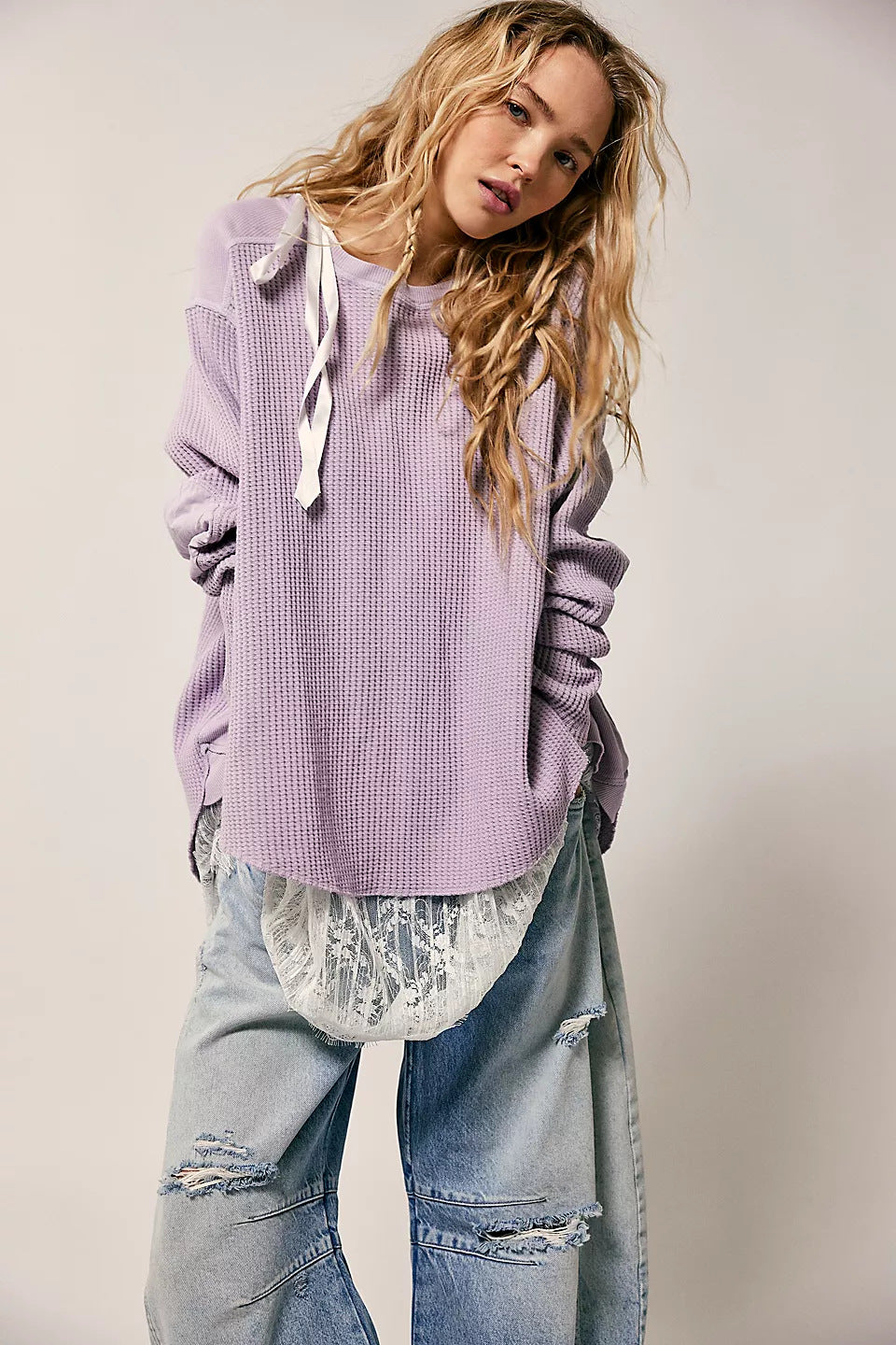 Damen Oversized Waffelstrick-Pullover mit weitem Schnitt und tiefem Raglan Drune