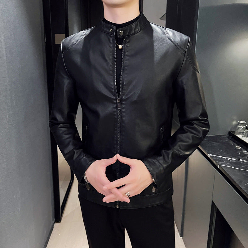 Herren schlanker Kunstlederblouson Motorrad-inspiriertes Design mit kurzem Stehkragen und verdecktem Reißverschluss Drune