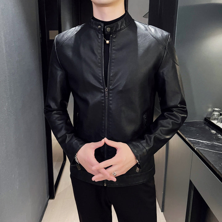 Herren schlanker Kunstlederblouson Motorrad-inspiriertes Design mit kurzem Stehkragen und verdecktem Reißverschluss Drune