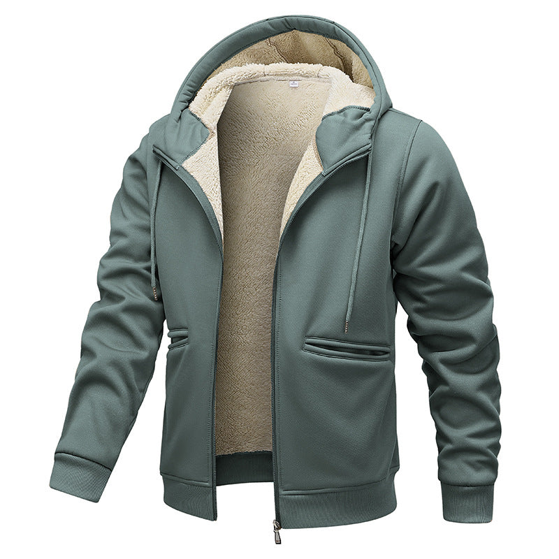Herren gefütterte Kapuzenjacke im Blousonstil mit hochflorigem Teddyinnenfutter und Handwärmepaspeltaschen Drune