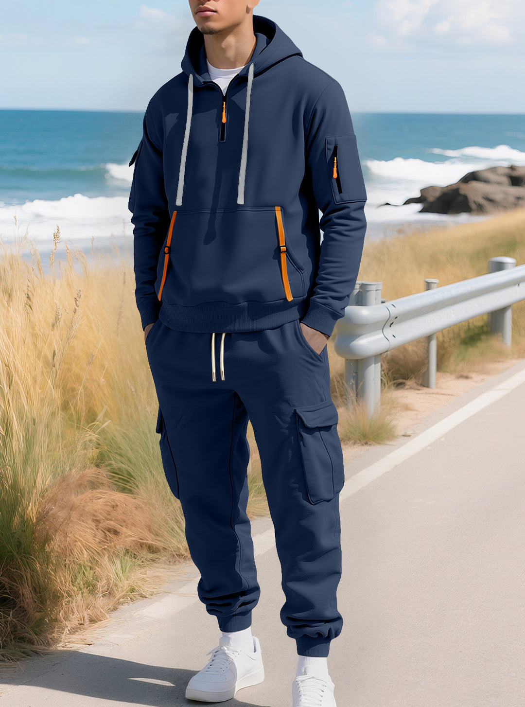Herren nan lässiger Halbzip Hoodie mit Kängurutasche und Cargo Jogginghose mit Reißverschlussdetails Drune