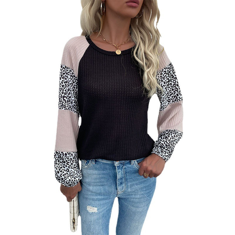 Damen Lässiges Waffelstrick-Shirt mit Raglanärmeln, Colorblock und Leo‑Einsätzen Drune
