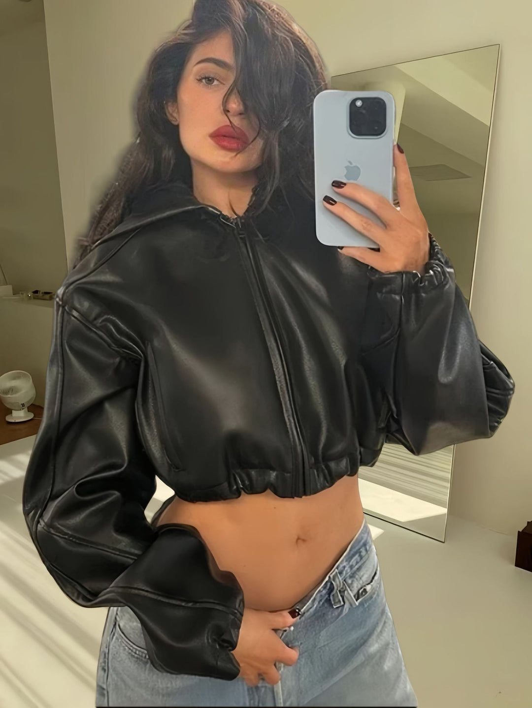 Damen Modische cropped Kunstlederjacke Drune
