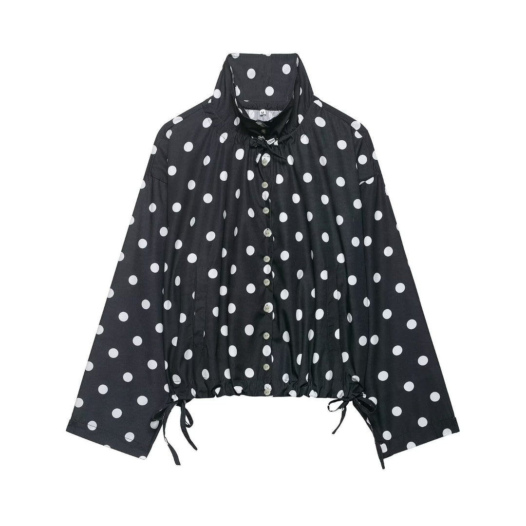 Damen Leichte Oversize-Polka-Dot Windjacke mit Stehkragen, Knopfleiste und Kordelzug Drune