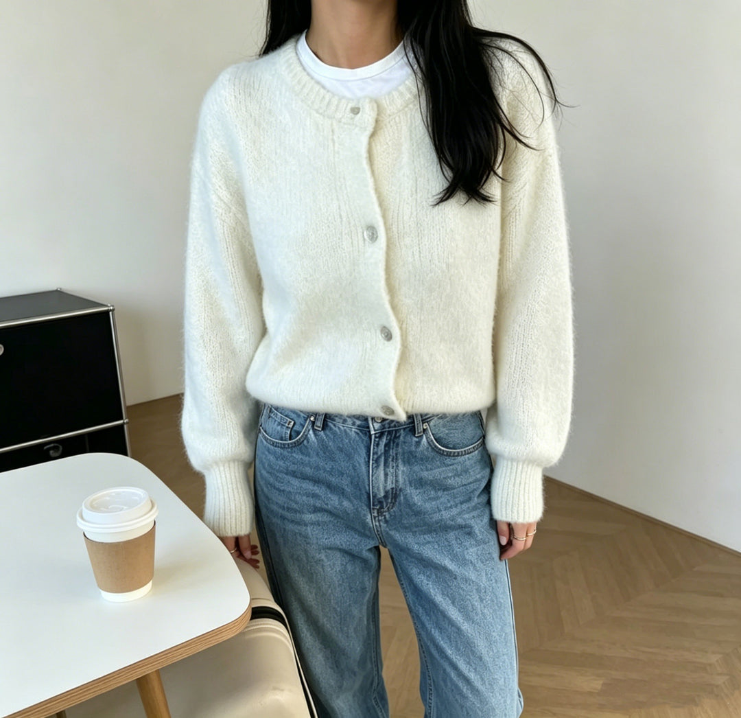 Damen Kuschelige Mohair-Optik Strickjacke mit Rundhals und Ballonärmeln Drune