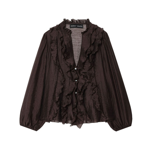Damen nan zarte Volantbluse aus Crinkle-Chiffon mit Stehkragen und Ballonärmeln Drune