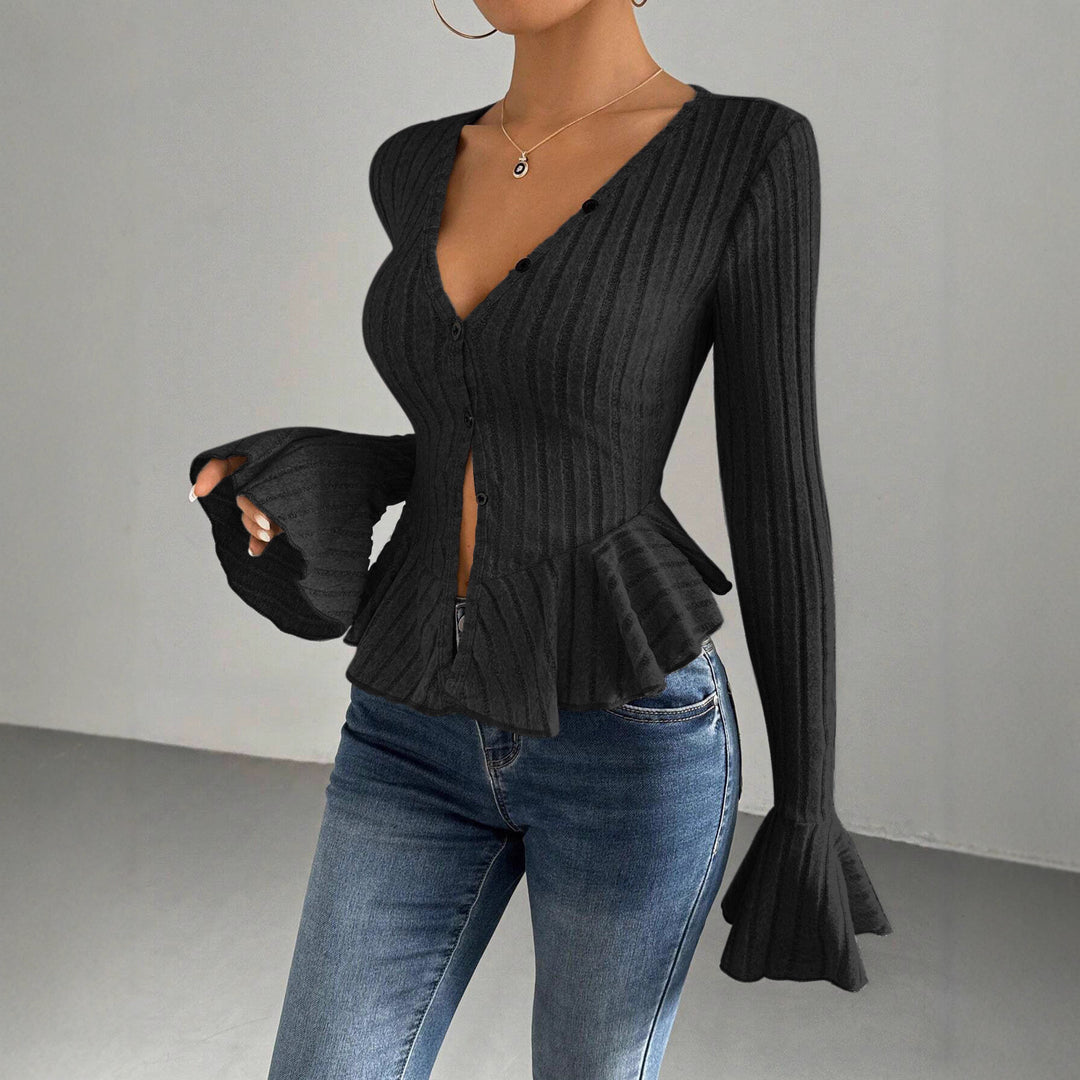Damen Strickoberteil mit raffiniertem Kellerfalten-Design und Knopfleiste Drune