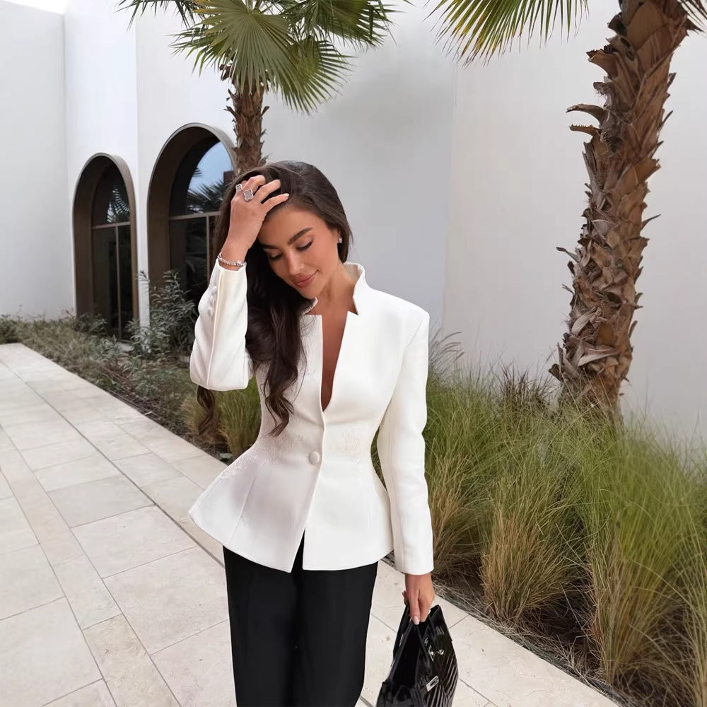 Damen Taillierter Einreihiger Blazer mit Stehkragen und tiefem V‑Ausschnitt Drune