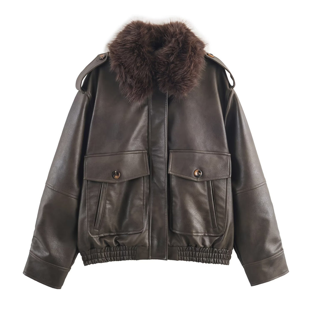 Damen elegante Lederjacke mit abnehmbarer Kunstfellkragen und praktischen Taschen Drune