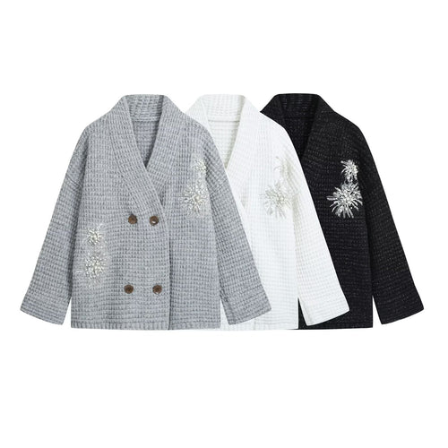 Damen Waffel-Strick-Cardigan mit doppelreihiger Knopfleiste und Schmuckapplikation Drune