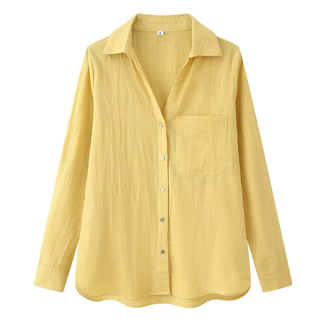 Damen Leichte Oversize-Leinenbluse mit Brusttasche und Hemdkragen Drune