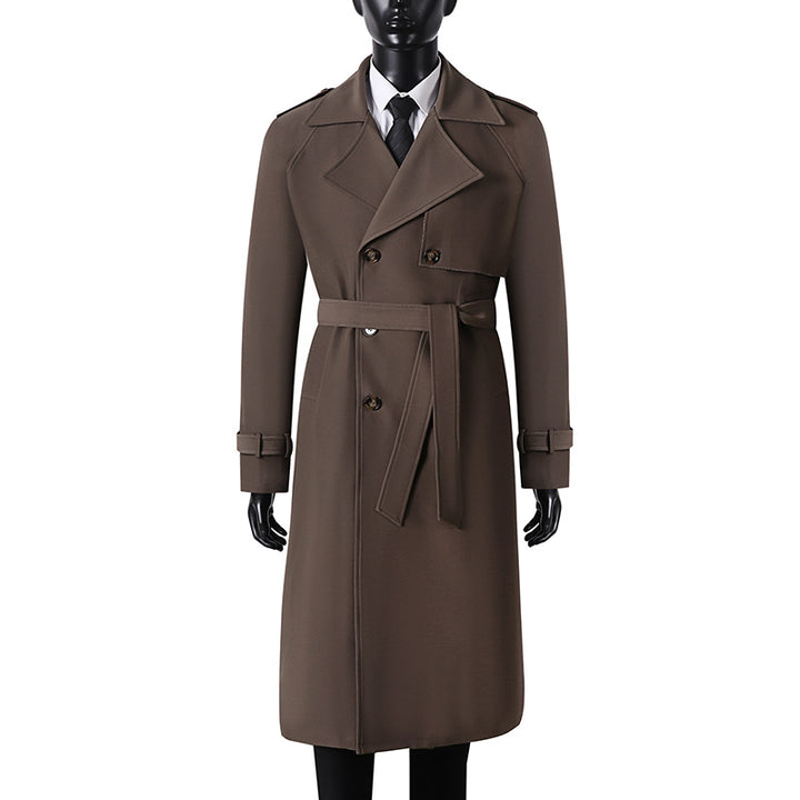 Herren Langer Minimalistischer Trenchcoat mit Sturmklappe Taillengürtel und verstellbaren Manschetten Drune