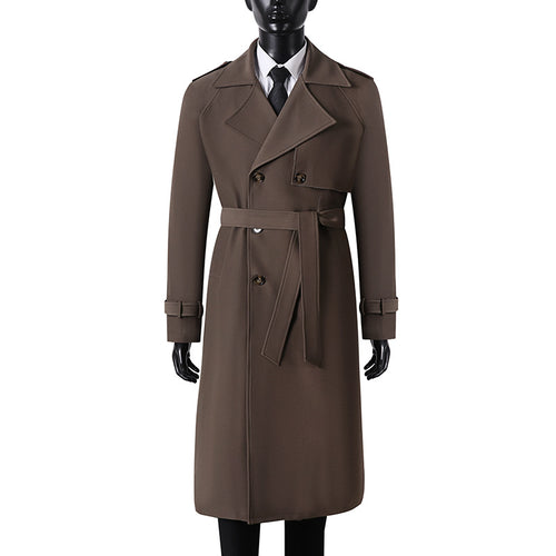 Herren Langer Minimalistischer Trenchcoat mit Sturmklappe Taillengürtel und verstellbaren Manschetten Drune