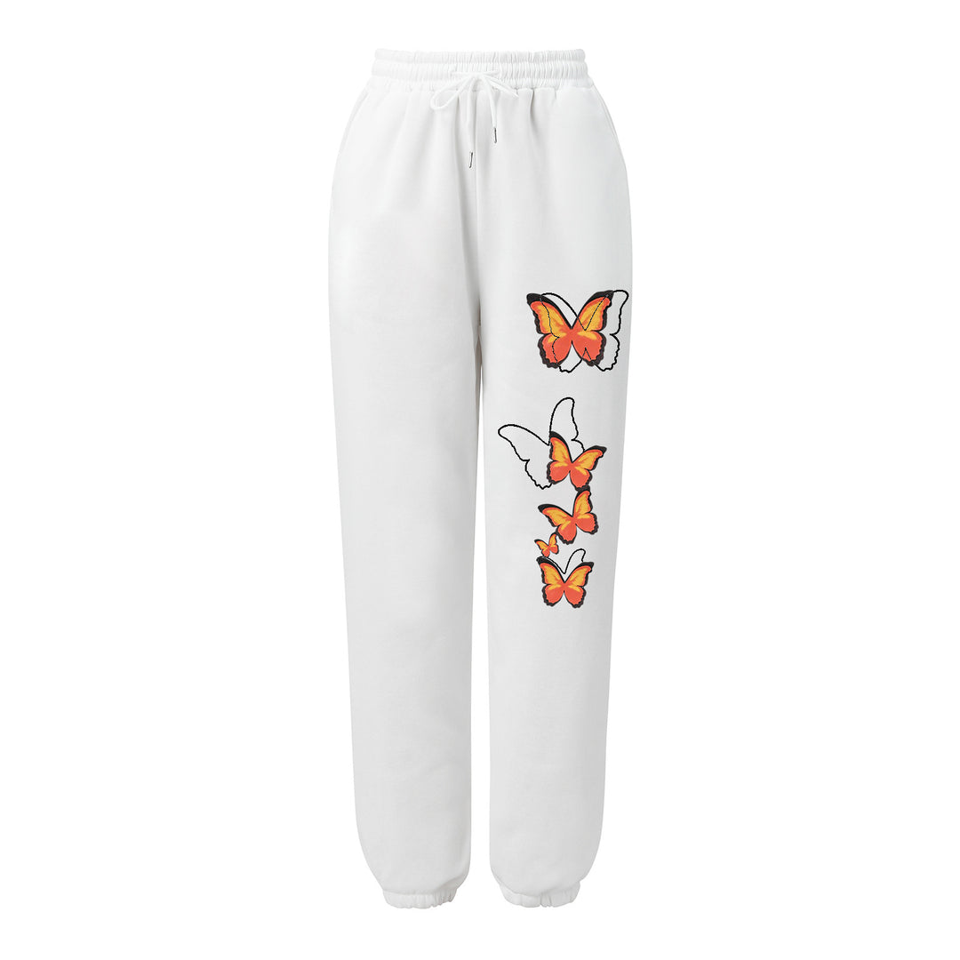 Damen nan hochgeschnittene Sweatpants mit elastischem Bund, Kordelzug, Seitentaschen, elastischen Beinabschlüssen und Schmetterlingsprint Drune