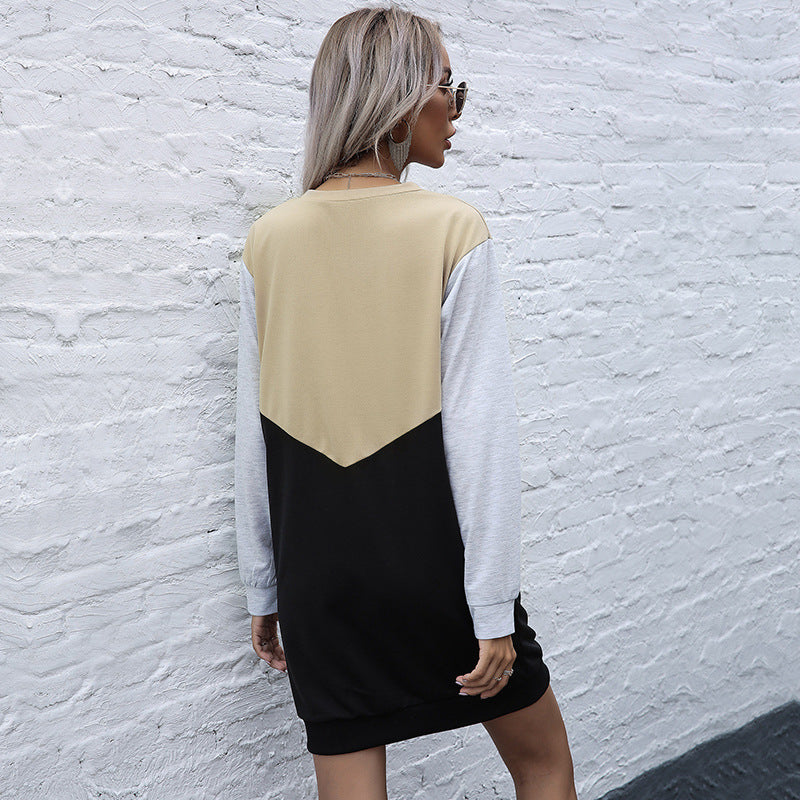 Damen Colorblock-Sweatshirtkleid mit V‑Einsatz, Langarm und legerem Saum Drune