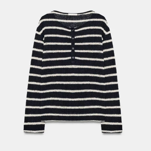 Damen Gestreifter Feinstrickpullover mit Rückknöpfung und U‑Boot‑Ausschnitt Drune