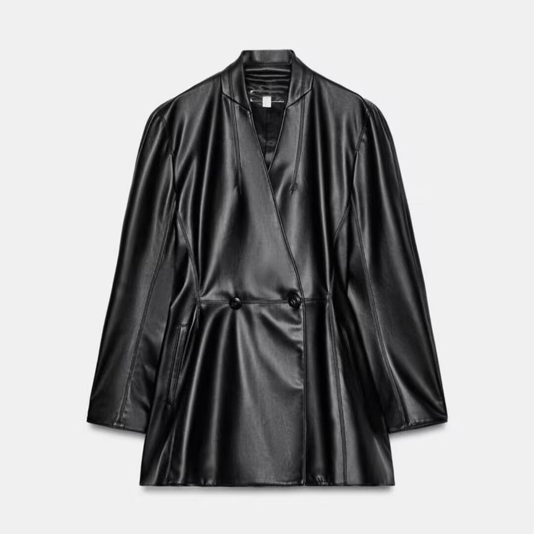 Damen Kunstleder-Blazer im Oversize-Schnitt mit Wickeloptik und taillierten Zierknöpfen Drune