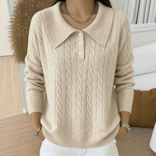 Damen Kabelstrick-Polo-Pullover mit großem Umlegekragen und lockerer Silhouette Drune