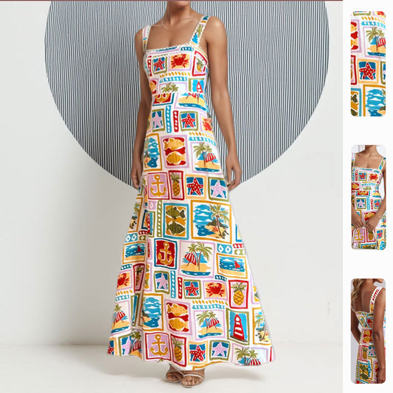 Damen Verspieltes Maxikleid mit buntem Print und schmalen Trägern Drune
