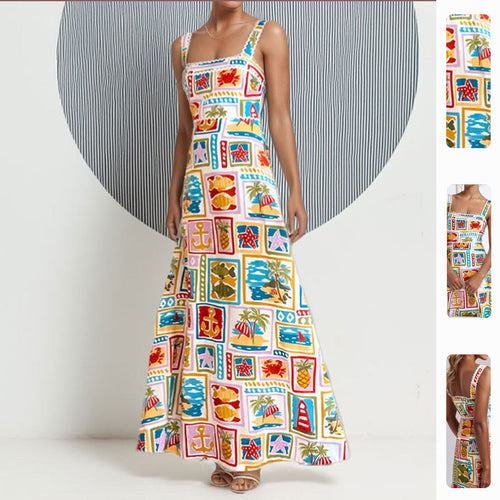Damen Verspieltes Maxikleid mit buntem Print und schmalen Trägern Drune