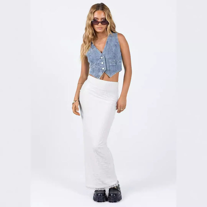 Femme Cropped Denim Button-Up Weste Drune