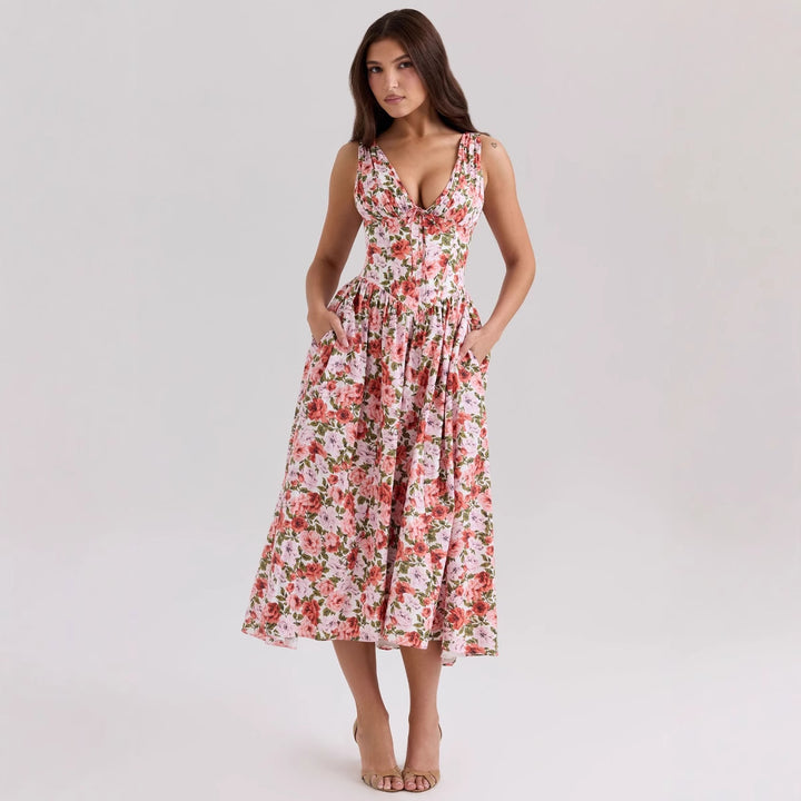 Damen Maxikleid mit floralem Design und praktischen Taschen Drune
