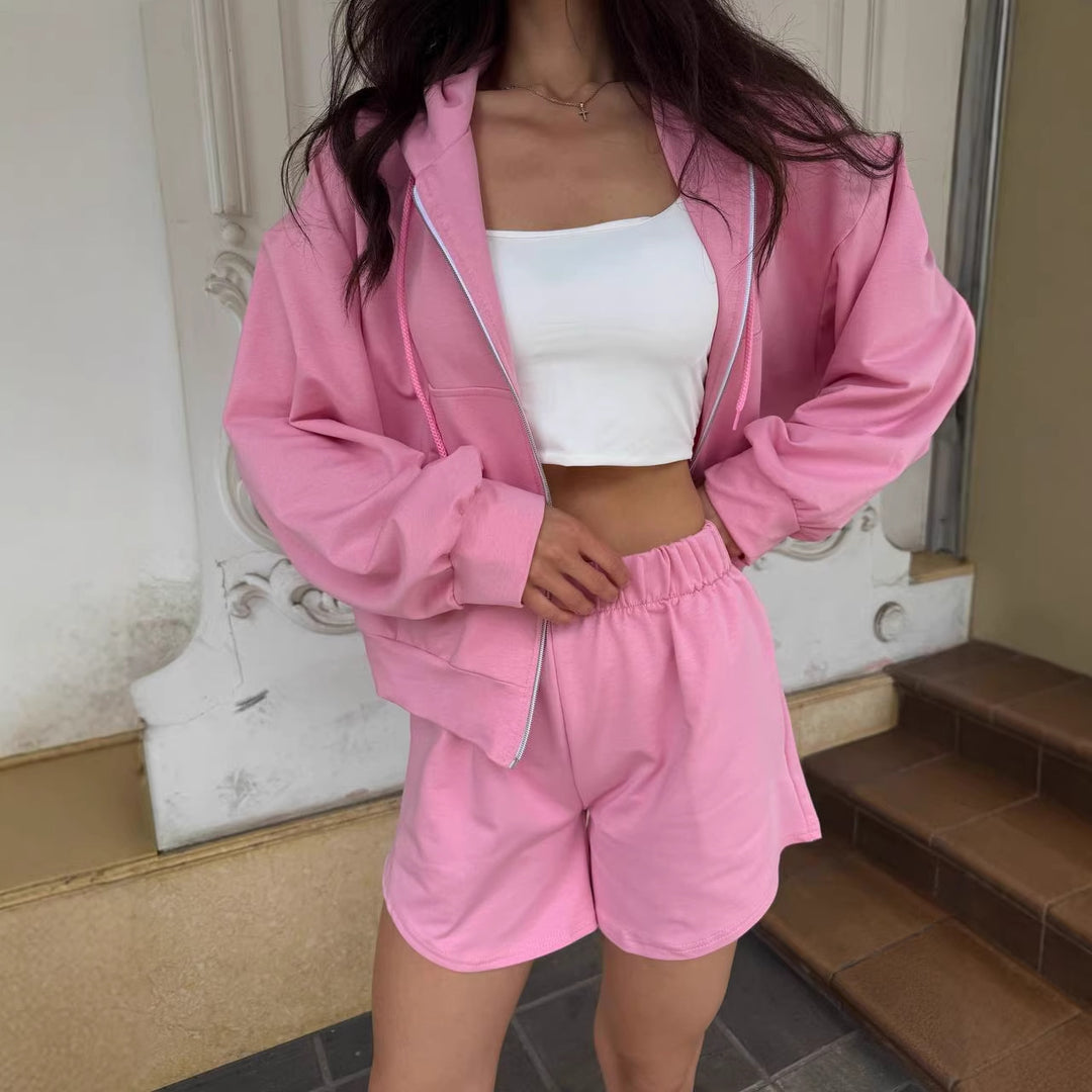Damen sportlicher Zip-Hoodie und Shorts-Set