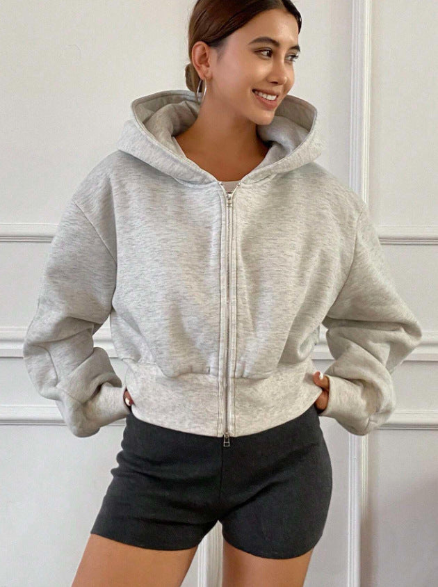 Damen Cropped Kapuzenjacke mit durchgehendem Reißverschluss und voluminösen Raglanärmeln Drune