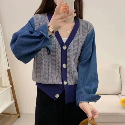 Damen Modischer Strickcardigan mit Denim-Ärmeln Drune