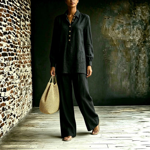 Damen Tunika-Hose Set aus Leinenoptik mit Hemdkragen und weitem Schnitt Drune