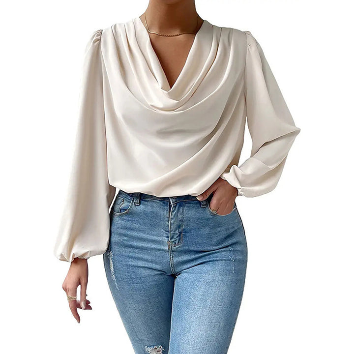 Damen elegante Bluse mit asymmetrischem Halsansatz und langen Ärmeln Drune