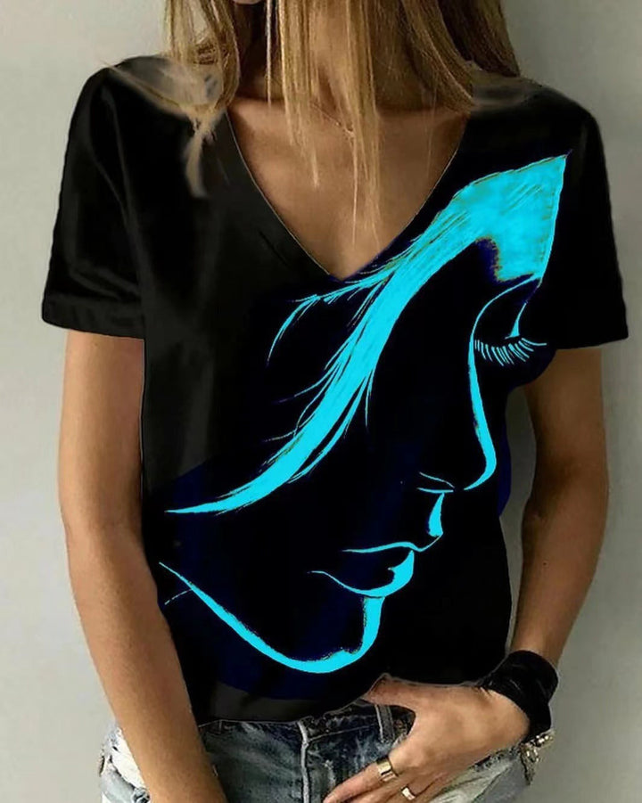 Damen V-Ausschnitt T-Shirt mit kreativem Grafikdruck Drune