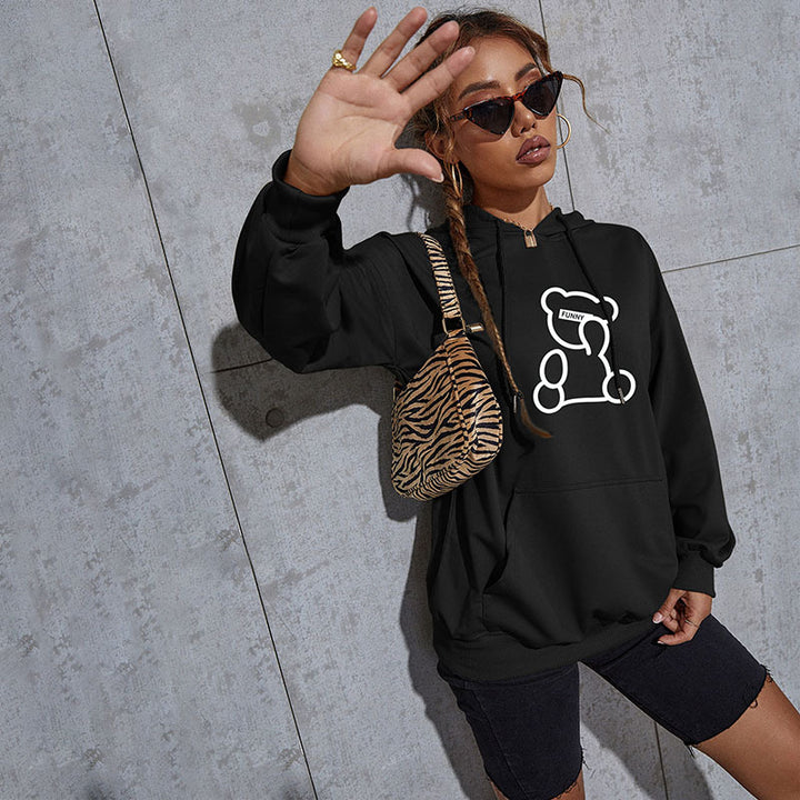 Damen Oversize-Kapuzenpullover mit Teddy-Grafik, Kängurutasche und Tunnelzug Drune