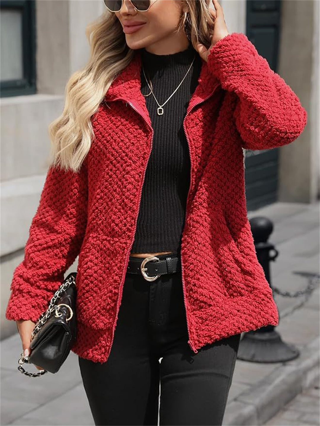 Damen Teddy-Fleece Jacke mit Reißverschluss und Stehkragen Drune