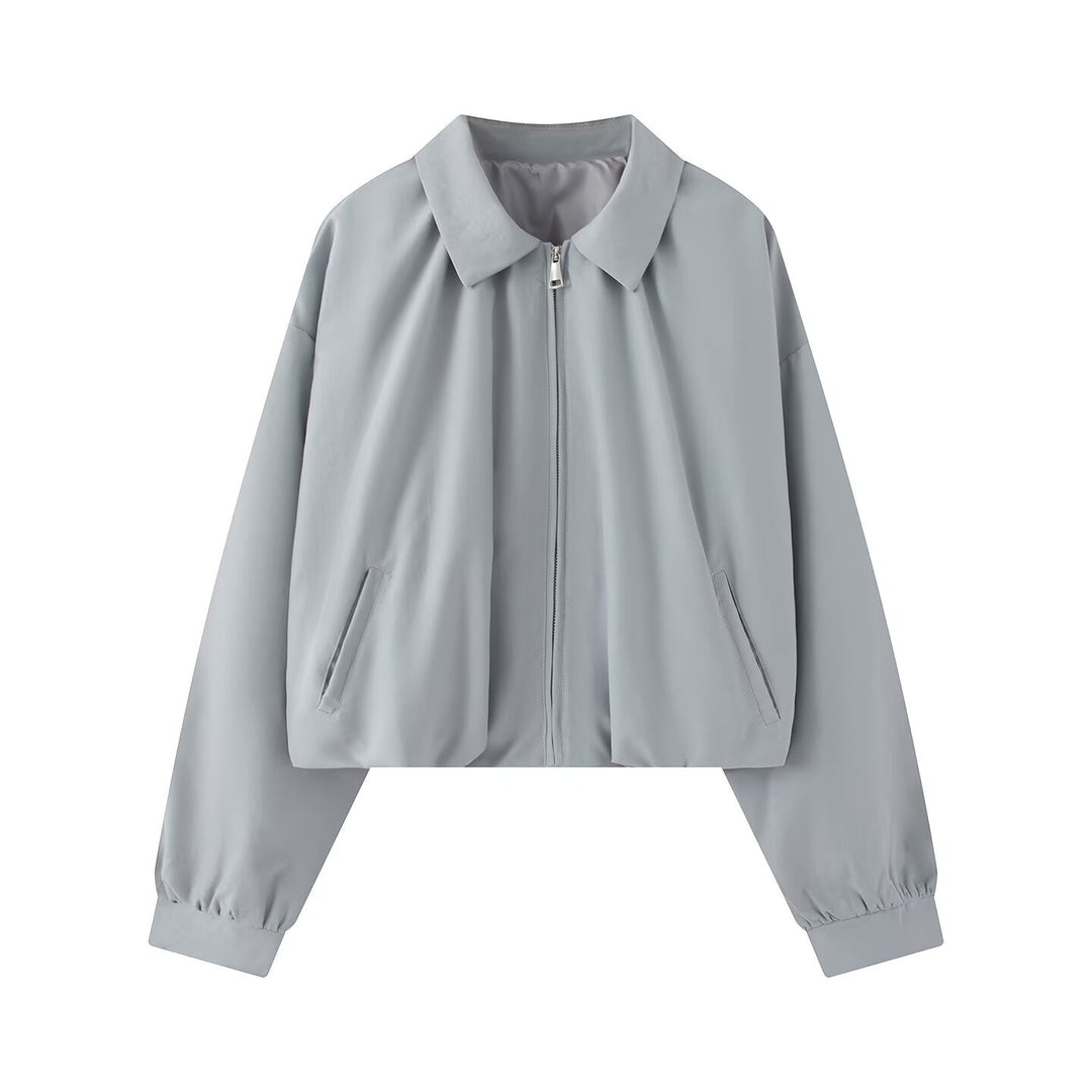 Damen Cropped-Boxy-Jacke im Oversize‑Look mit Hemdkragen, Reißverschluss und elastischen Bündchen Drune